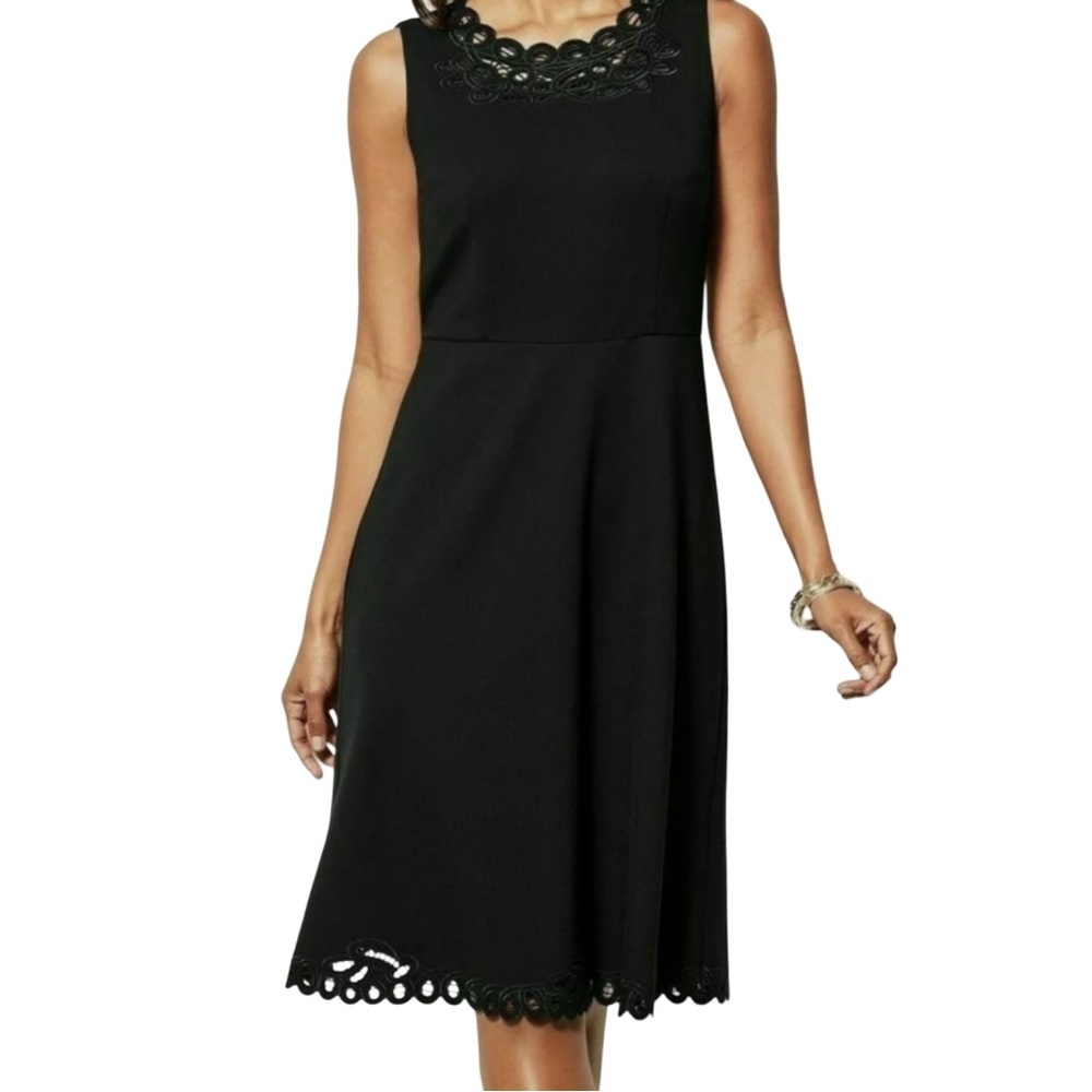 Talbots Embroidered Trim Black Sleeveless Stretch Fit & Flare Dress Size 14